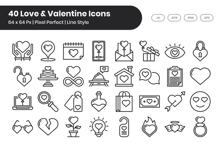 40 Love & Valentine Icons Set - Line