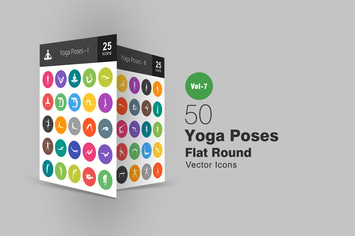50 Yoga Poses Flat Round Icons