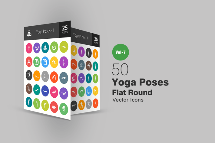 50 Yoga Poses Flat Round Icons