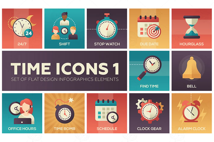 Time icons - set of flat infographic elements