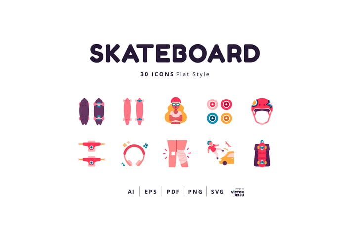 30 Icons Skateboard Flat Style