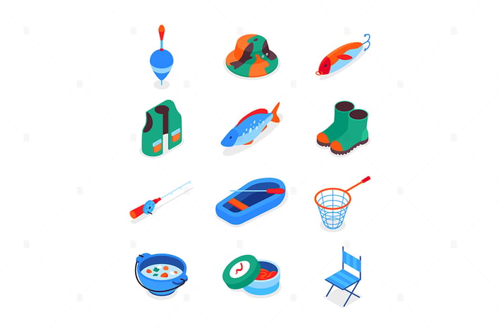 Fishing equipment - colorful isometric icons
