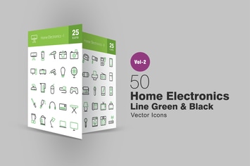 50 Home Electronics Line Green & Black Icons