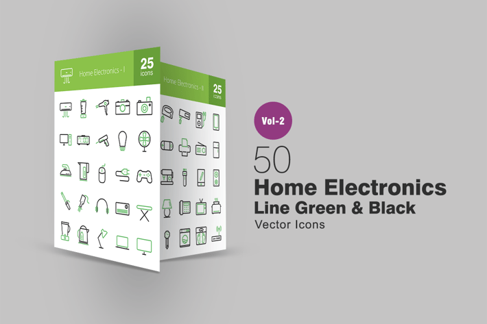 50 Home Electronics Line Green & Black Icons
