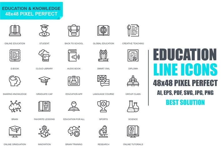 Simple Set Education and Knowledge Line Icons