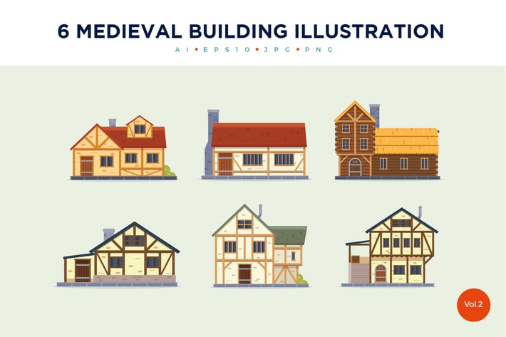 6 Vintage Medieval House Vector Illustration Set 2