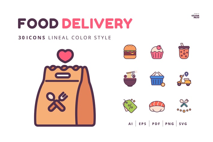 30 Icons Food Delivery Lineal Color Style