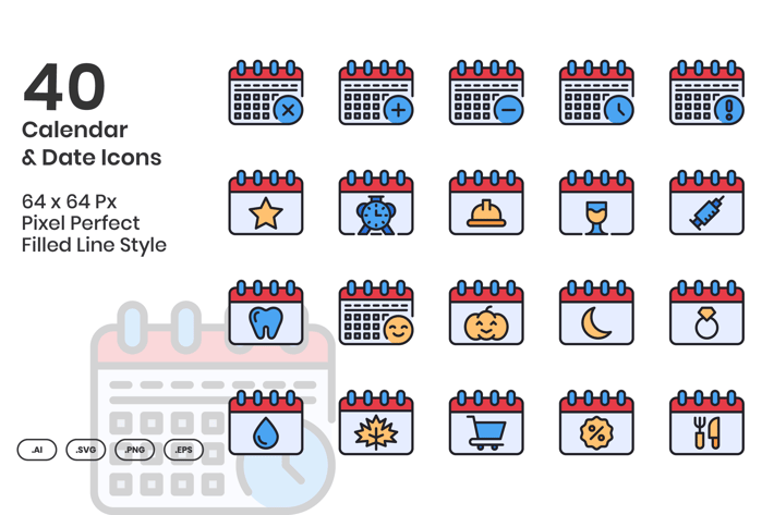 40 Calendar & Date Icons Set - Filled Line