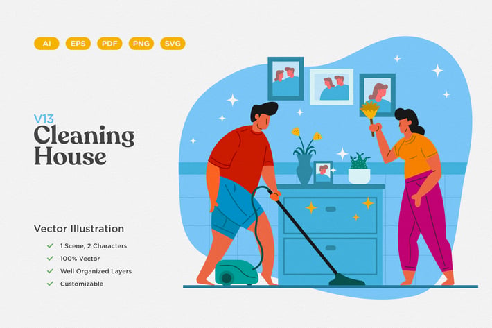 Cleaning House Flat Illustration