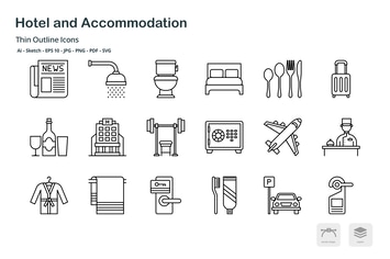 Hotel and accommodation thin outline icons