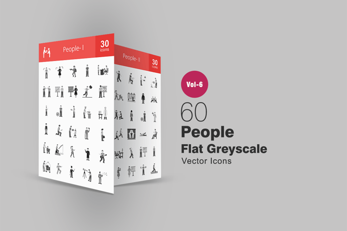 60 People Flat Greyscale Icons