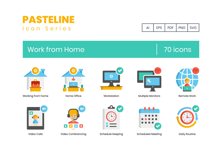 70 Work from Home Flat Icons