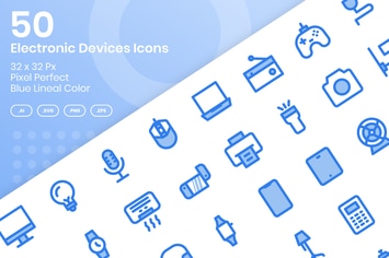 50 Electronic Devices Icons - Blue Lineal Color