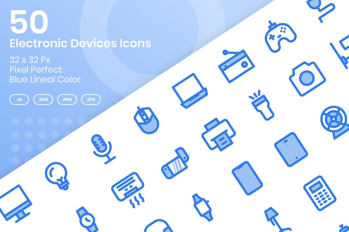 50 Electronic Devices Icons - Blue Lineal Color