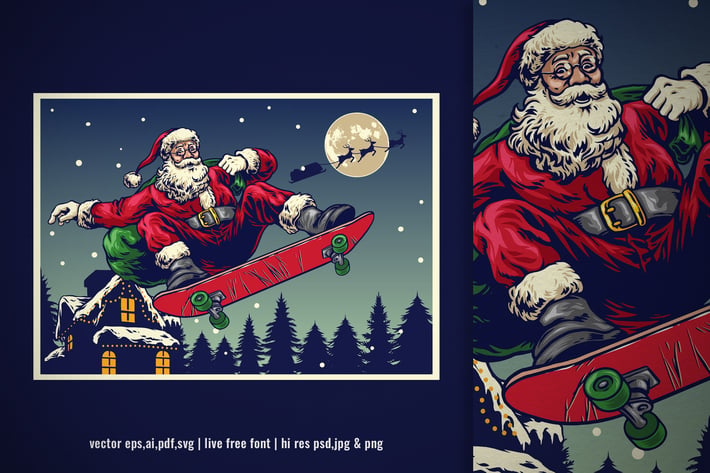 vintage illustration of santa claus skateboarding