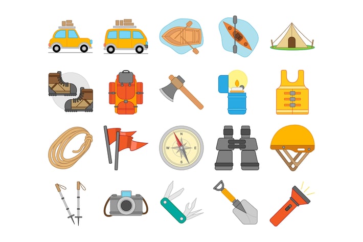 Camping And Hiking Outdoor Equipment Icon Set