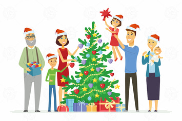 Family decorates Christmas tree - illustration