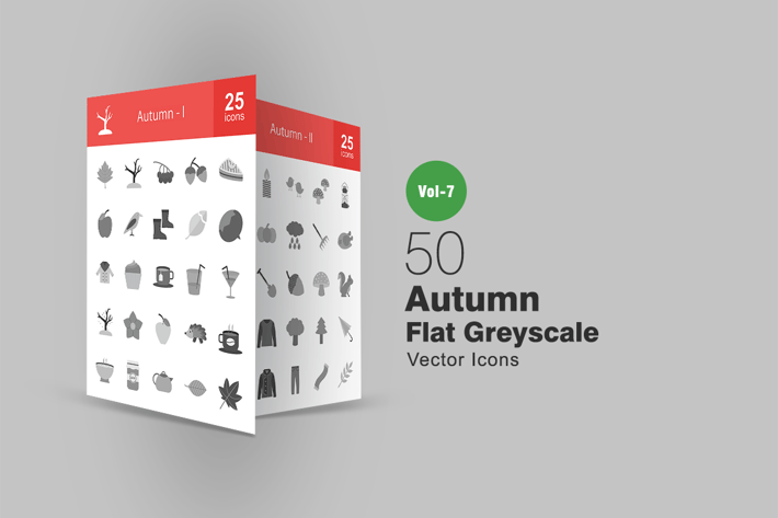 50 Autumn Flat Greyscale Icons