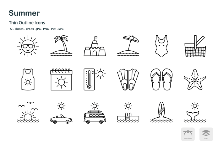 Summer thin outline icons