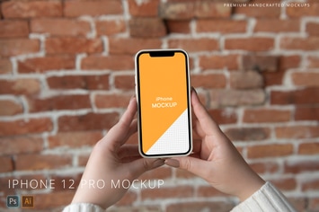 iPhone 12 Pro in Hands Mockup Bricks Background