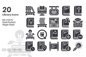 20 Library Icons Set - Glyph