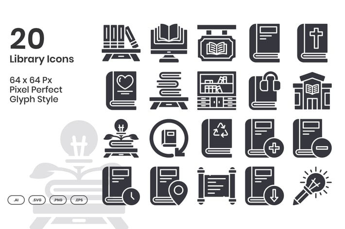 20 Library Icons Set - Glyph