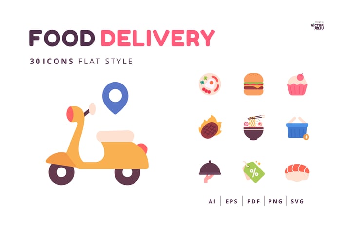 30 Icons Food Delivery Flat Style