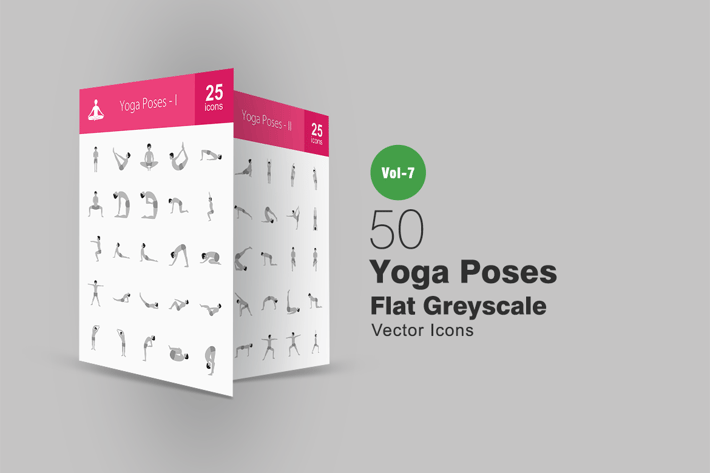 50 Yoga Poses Flat Greyscale Icons