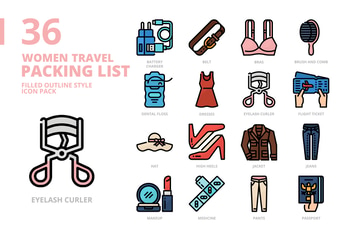 Women Travel Packing Filled Outline Style Icon Set