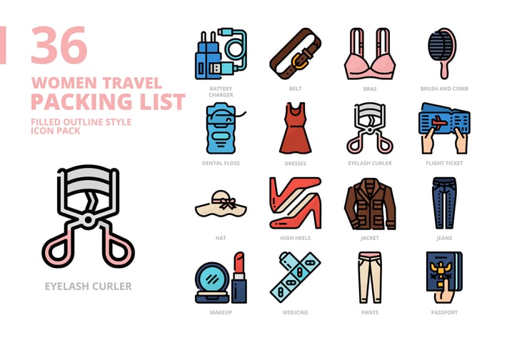 Women Travel Packing Filled Outline Style Icon Set