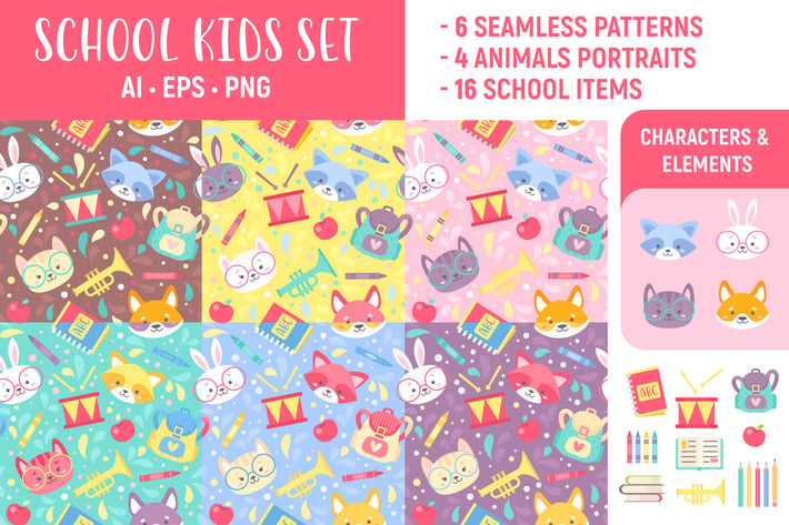 School Kids Set: Seamless Patterns & Elements