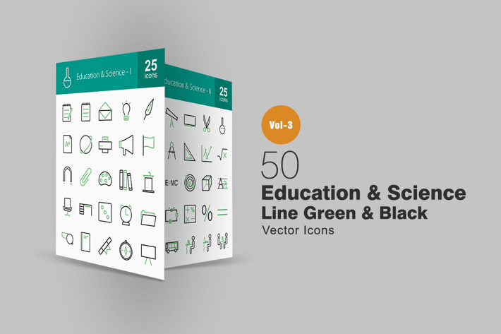 50 Education & Science Line Green & Black Icons