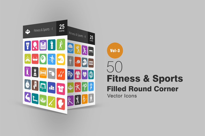 50 Fitness & Sports Flat Round Corner Icons