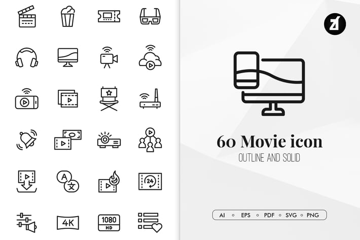 60 Movie and entertainment minimal icon pack