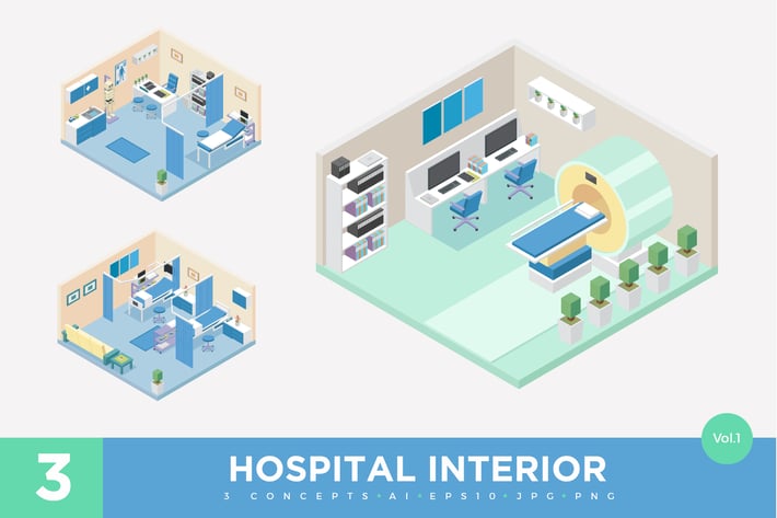 3 Isometric Hospital Clinic Interior Vector Set 1