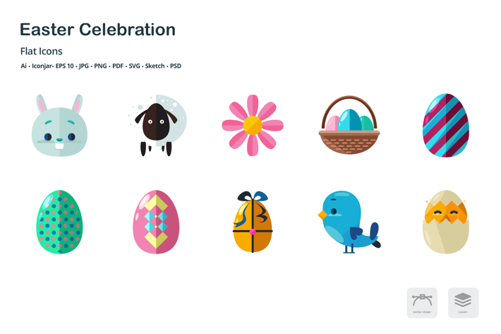 Easter Celebration Flat Colored Icons
