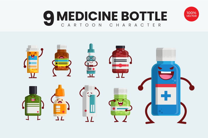 9 Cute Medicine Bottle Vector Illustration