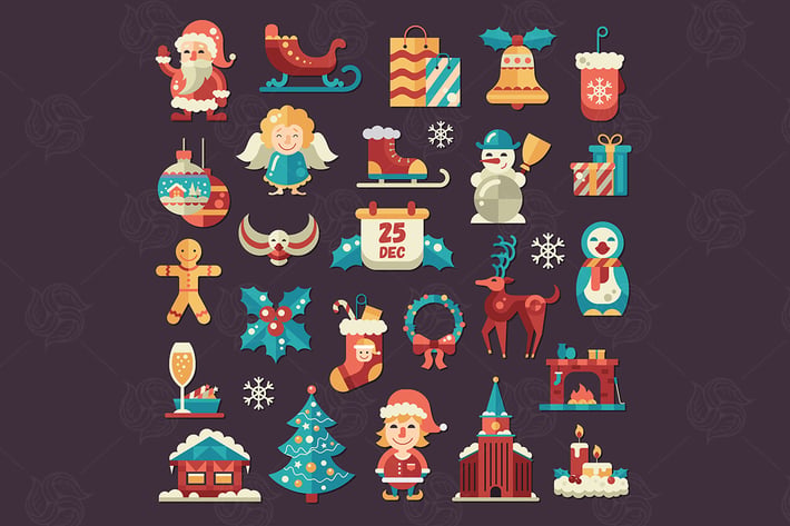 Christmas and Happy New Year Icons Set