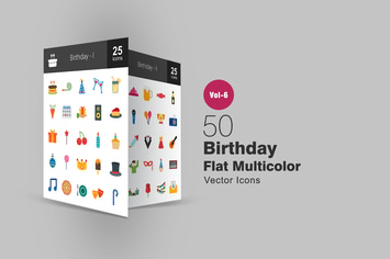 50 Birthday Flat Multicolor Icons