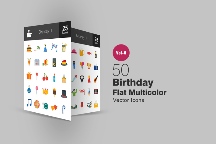 50 Birthday Flat Multicolor Icons