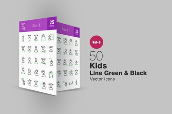 50 Kids Green & Black Line Icons