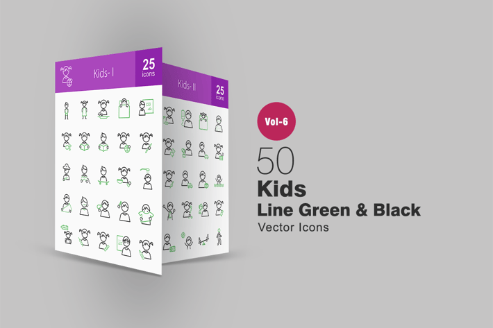 50 Kids Green & Black Line Icons