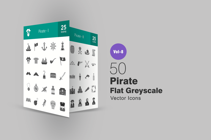 50 Pirate Flat Greyscale Icons