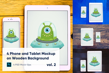 4 Tablet & Phone Mockup on Wooden Background Vol.2