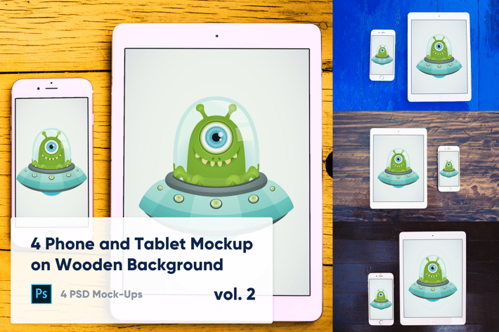 4 Tablet & Phone Mockup on Wooden Background Vol.2