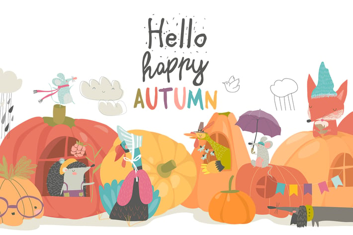 Cute animals with pumpkins on white background.