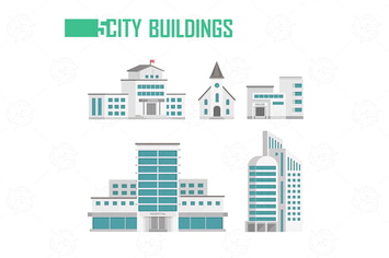 Five city buildings - set of flat design objects