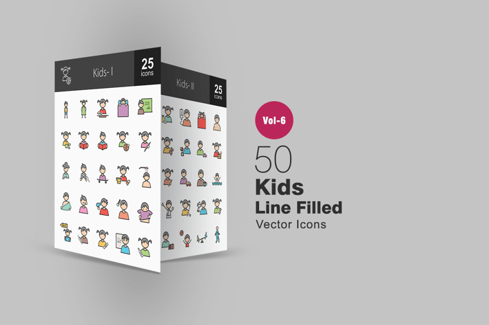 50 Kids Filled Line Icons