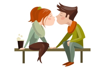 Young couple kissing on bench. Vector 