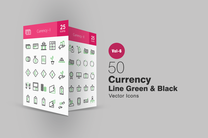 50 Currency Green & Black Line Icons